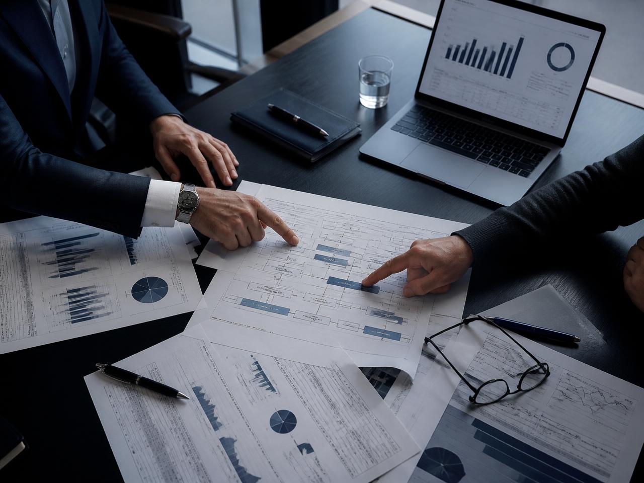 Dettaglio di documenti di analisi, diagrammi di processo e dati aziendali su un tavolo direzionale