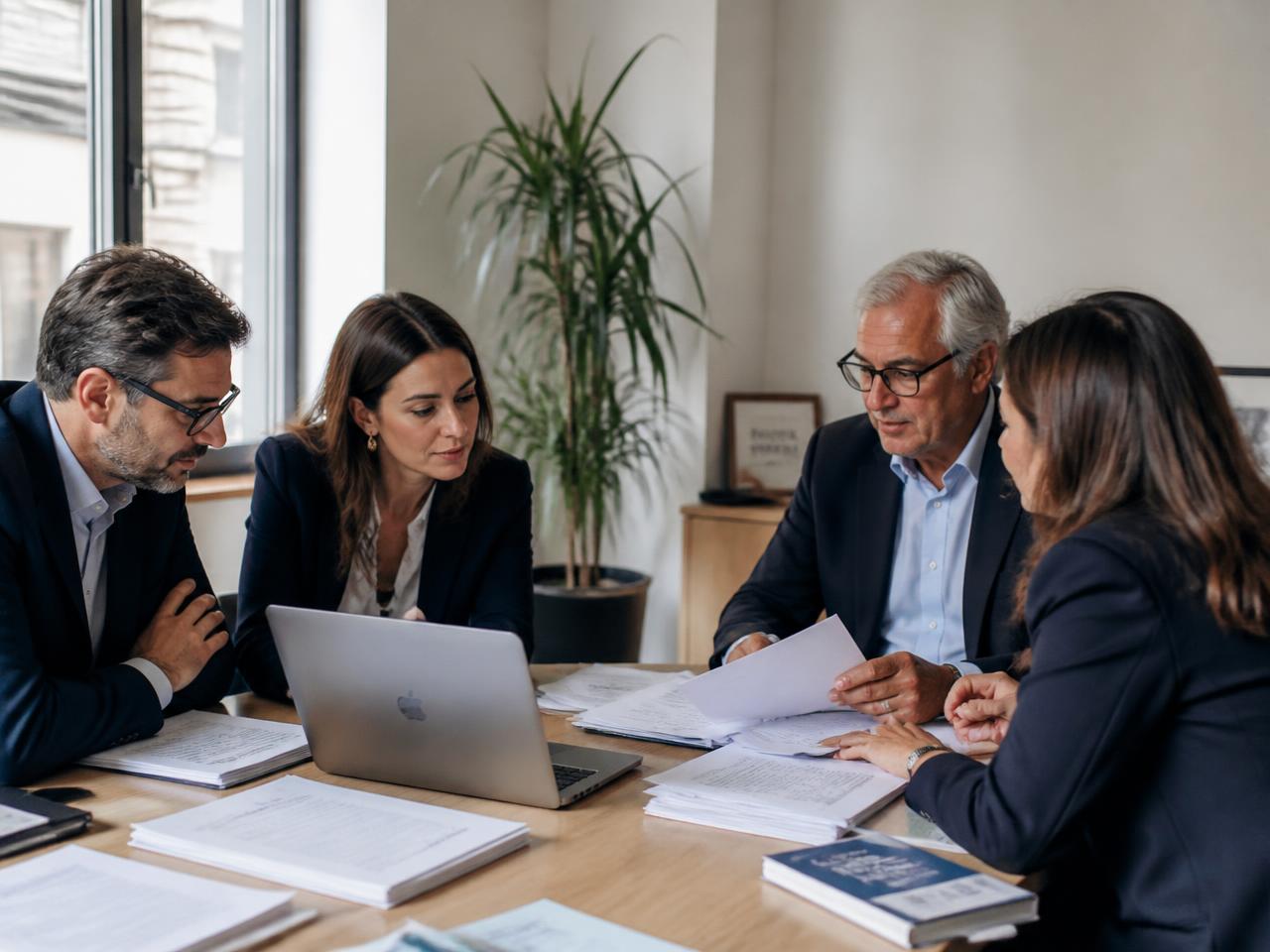 Imprenditori e manager di una PMI analizzano documenti aziendali durante un confronto strategico